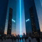 Two mirrored skyscrapers reflecting each other with glowing connection line and people walking below