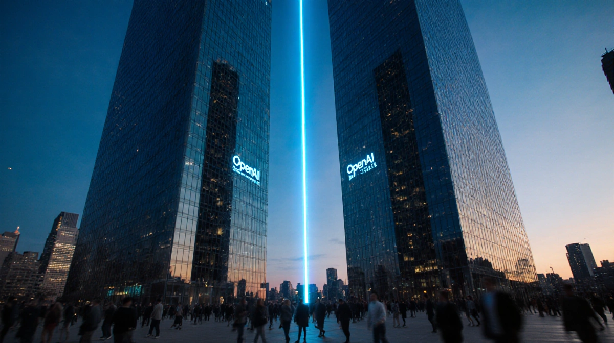 Two mirrored skyscrapers reflecting each other with glowing connection line and people walking below
