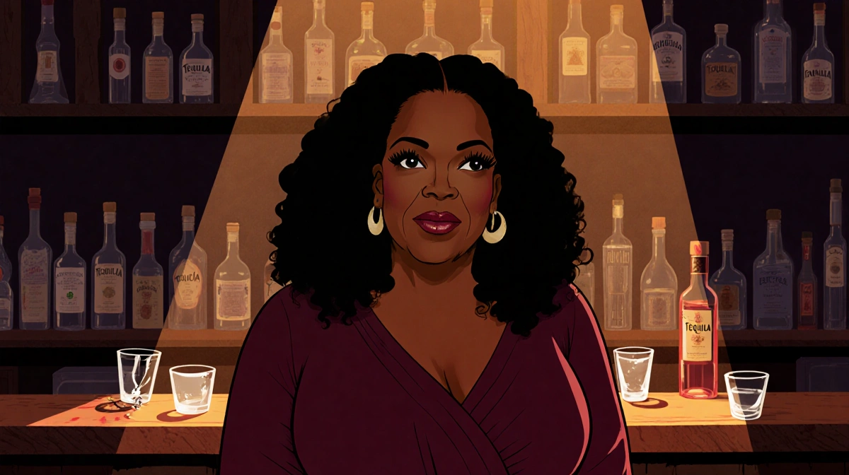 Oprah Winfrey standing before dim bar with empty tequila bottles and a broken glass contemplative