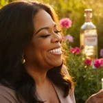 Oprah sits in a green garden holding a glass of water symbolizing sobriety with golden light and tequila bottles nearby