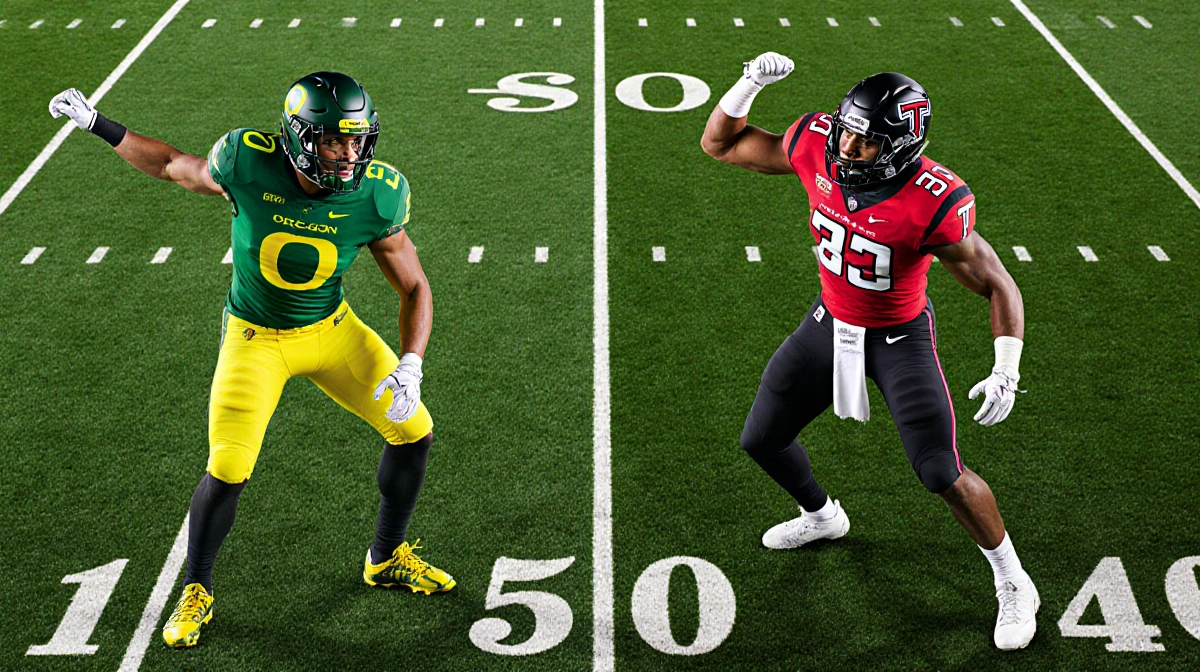 Football teams face each other on a field Oregon in green and yellow and Texas Tech in red and black posing triumphantly.