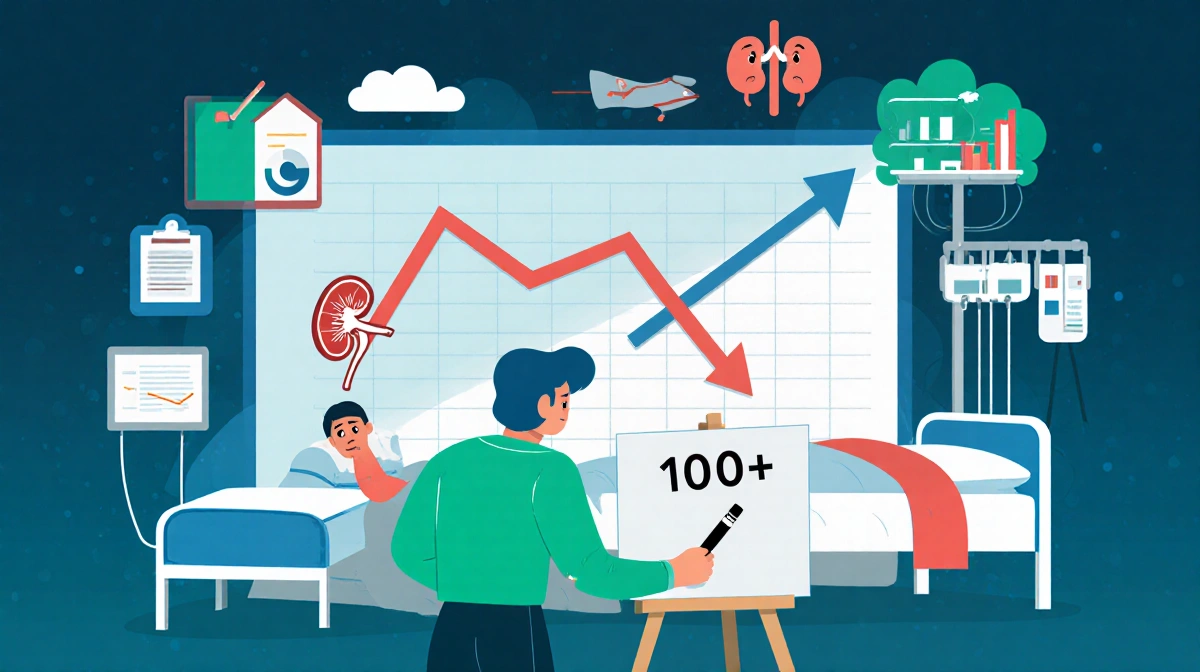 Person writes 100+ on declining organ donation chart with hospital beds and worried faces showing transplant crisis