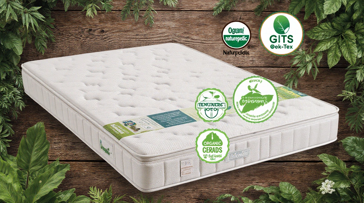 Crib mattress sits on rustic wood with GOTS and Oeko-Tex certifications visible among organic plants and greenery