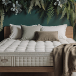 Plush organic mattress rests on bed with lamp glow and green wall covered in eucalyptus plants pillows and blanket add depth