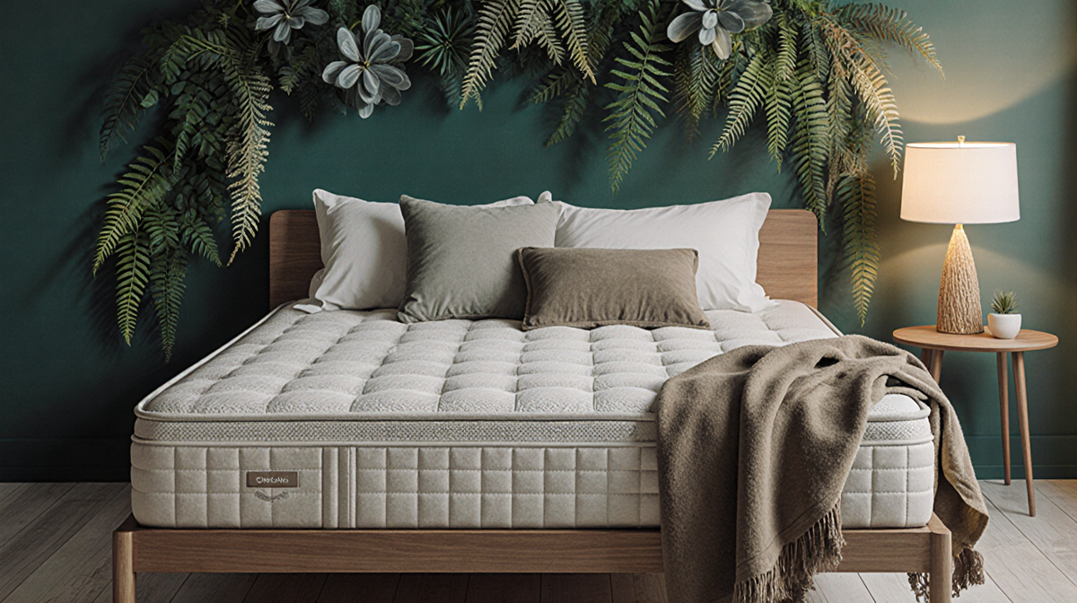 Plush organic mattress rests on bed with lamp glow and green wall covered in eucalyptus plants pillows and blanket add depth