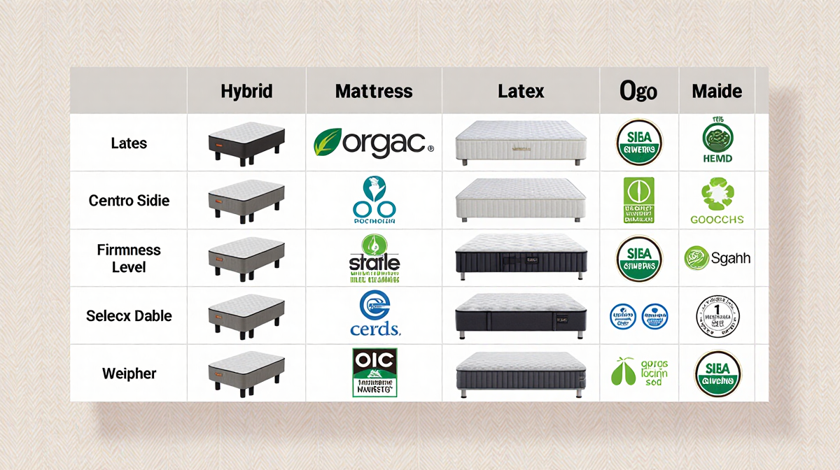Table displaying ten organic mattresses with hybrid latex and firmness and certification logos on a natural wood background