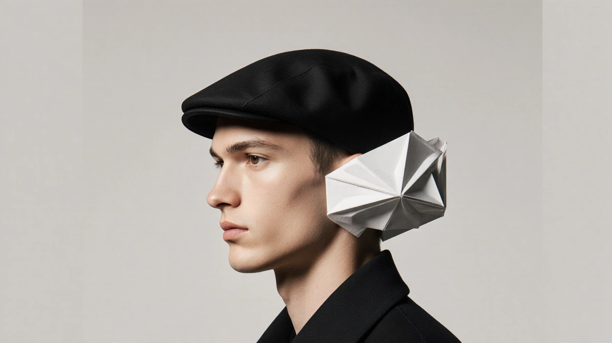 Man wearing jacket with origami beret attached to back with folded paper design and minimalist fashion style