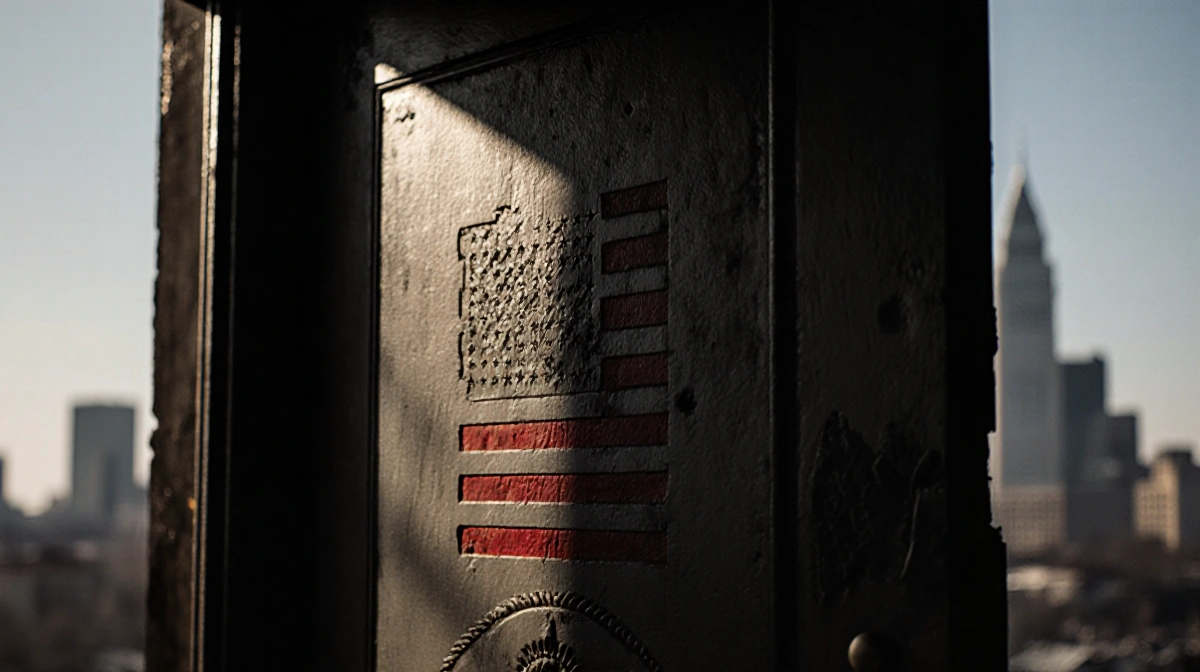 Weathered door opening with flag pattern and light leaking behind a blurred Minneapolis cityscape featuring a mosque