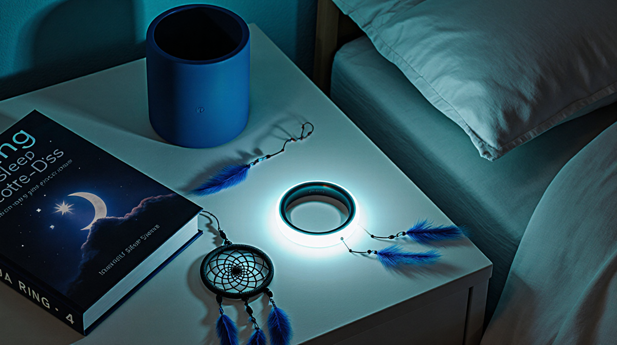 Oura Ring 4 glowing on bedside table with blue green light and surrounded by pillow dreamcatcher and sleep science book
