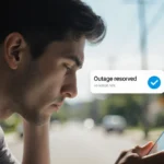 Young adult checks phone showing outage resolved notification with computer and suburban street in background