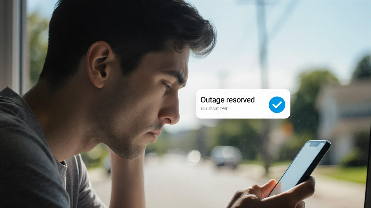 Young adult checks phone showing outage resolved notification with computer and suburban street in background