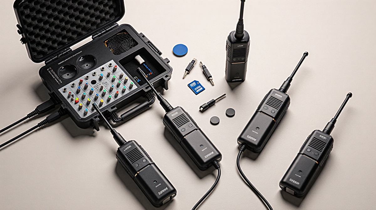 Transmitters positioned with portable setup one showing 32GB memory card and a charging case with windscreens and cables behi