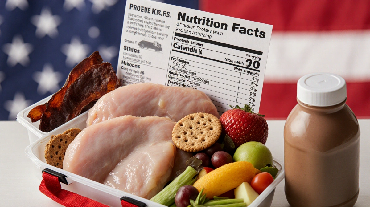 Packed lunchbox overflows with chicken breasts and beef jerky with small portions of crackers and vegetables showing excess p