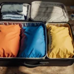 Open luggage reveals organized packing cubes with colorful shirts and pants neatly arranged on wooden desk