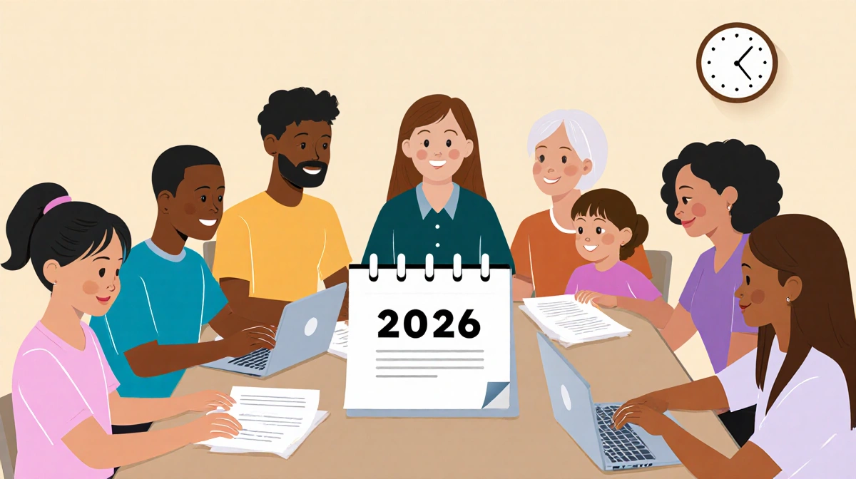 Six diverse people sit at a table with laptops and documents near a 2026 calendar showing new paid family leave policies.