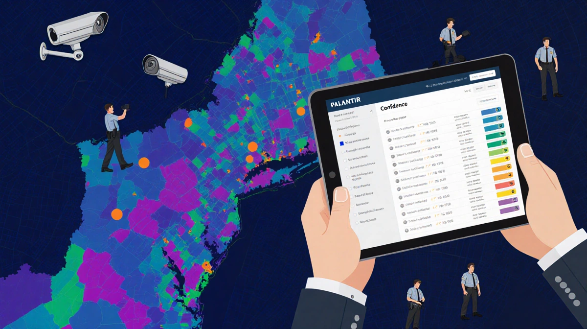 ICE agent holds tablet showing Palantir ELITE city map with colored neighborhoods displaying confidence scores and surveillan