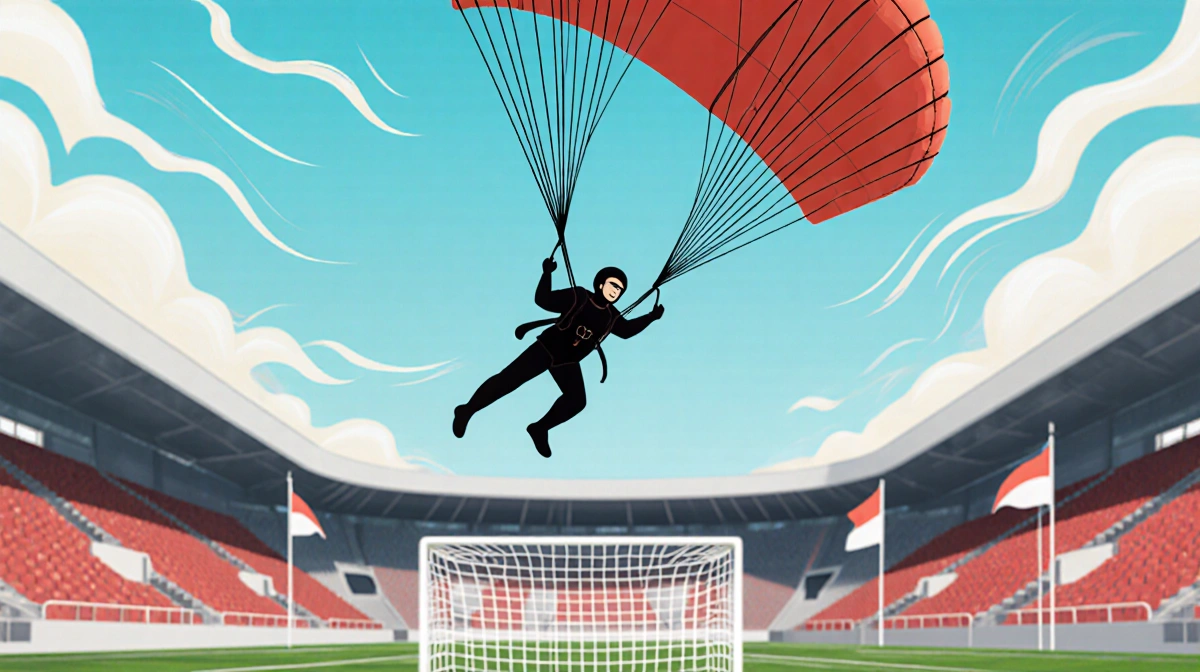 Parachutist suspended over a goalpost with bright parachute cords and rippling wind and blurred stadium seats behind.