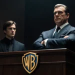 Paramount giant stands at courtroom podium with Netflix figure looming behind and Warner logo hanging from jury box