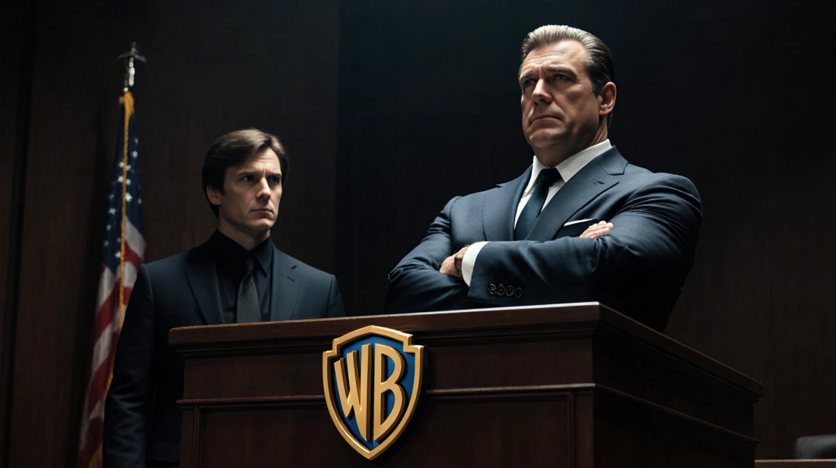 Paramount giant stands at courtroom podium with Netflix figure looming behind and Warner logo hanging from jury box