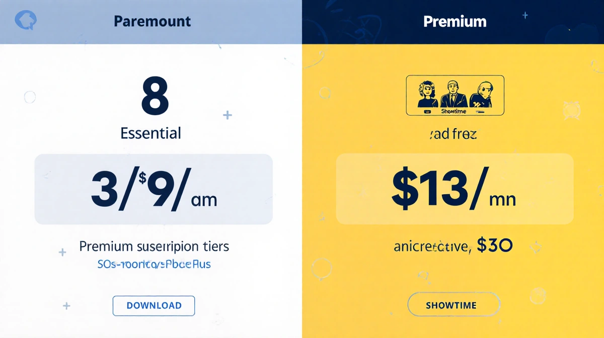 Split-screen compares Paramount Plus Essential at $8 with ads and Premium at $13 with download live CBS and Showtime icons.