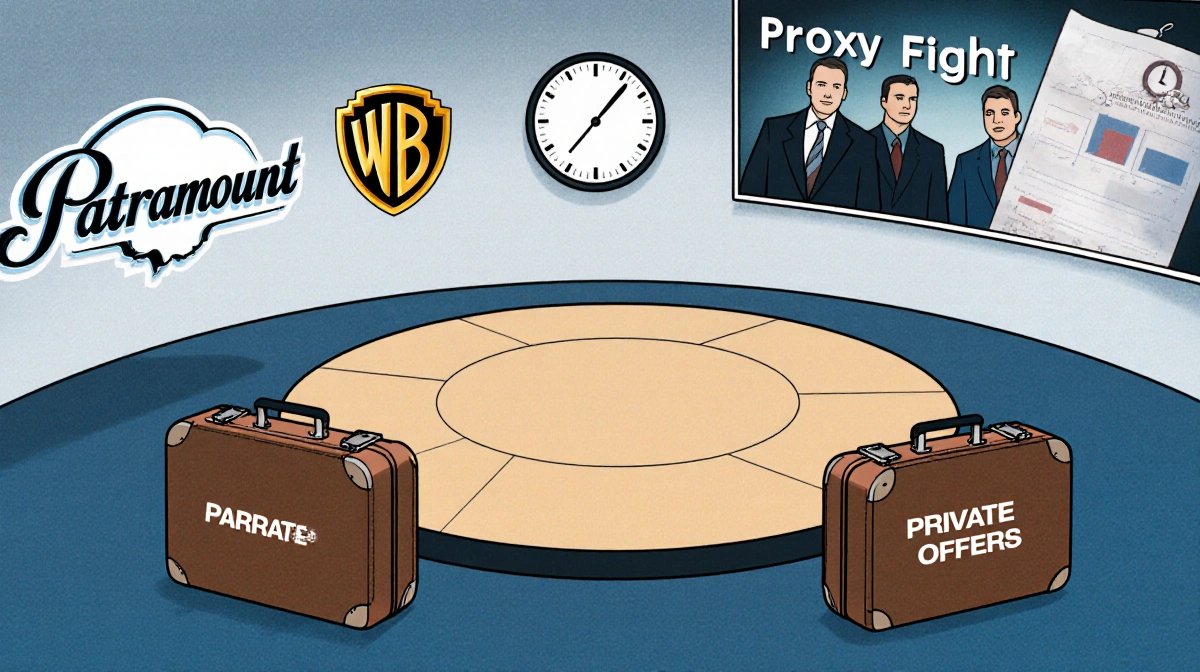 Paramount and Warner Bros logos face off across boardroom table with suitcases and clock showing merger negotiations