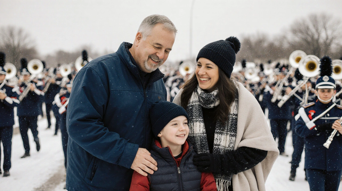 Parents watch their son march in Benbrook band with scarves and hats showing family pride