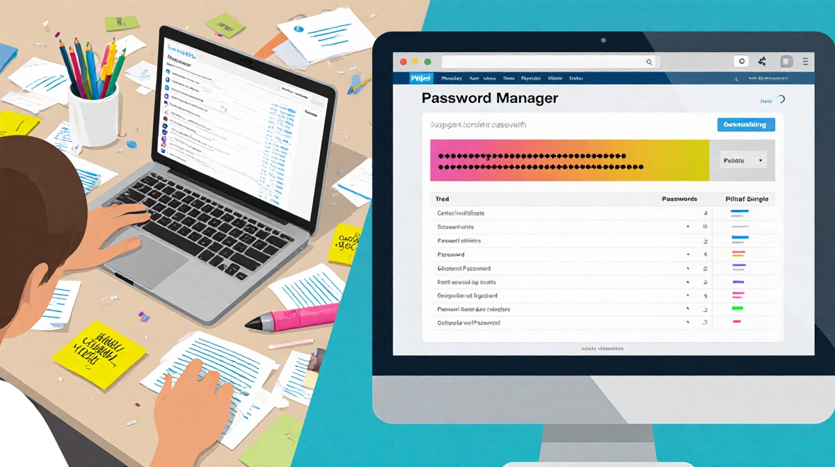 Person sitting at desk with laptop and sticky note amid scattered papers while screen shows password manager interface