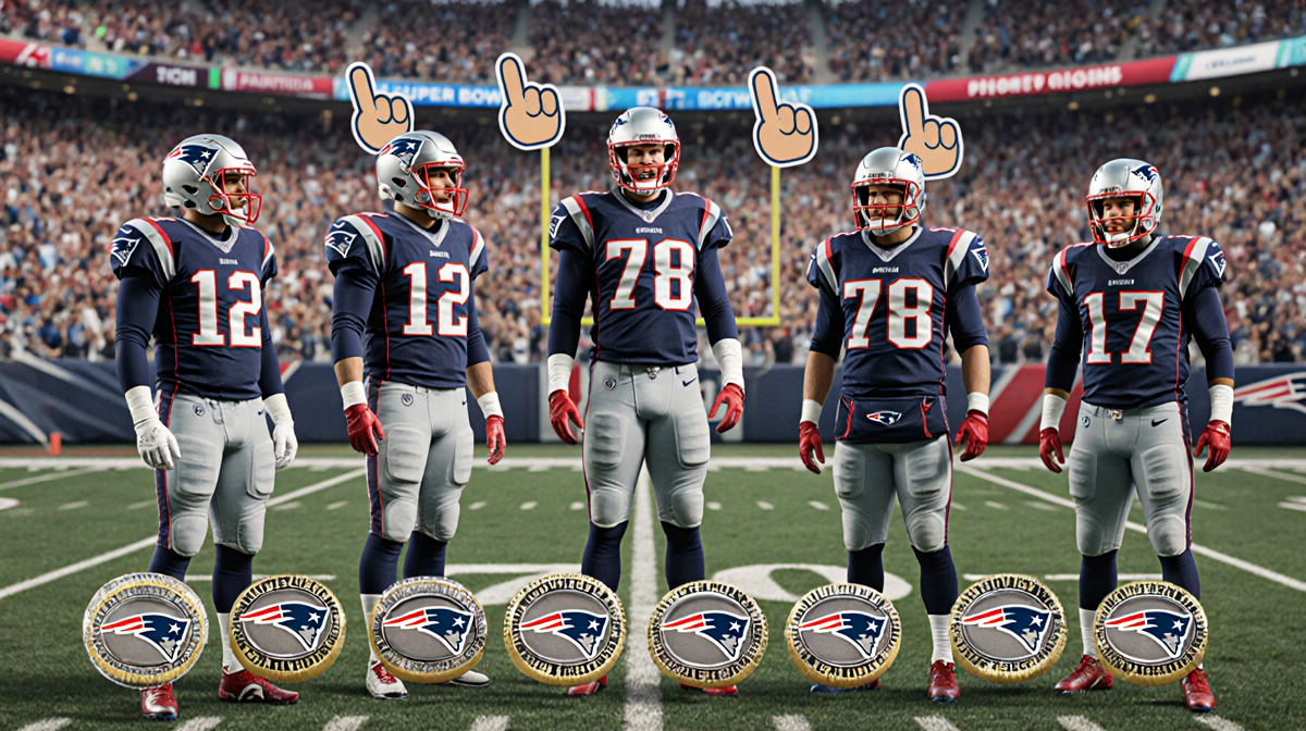 Patriots team standing on the field with seven shiny Super Bowl rings and a crowd holding foam fingers marked 7