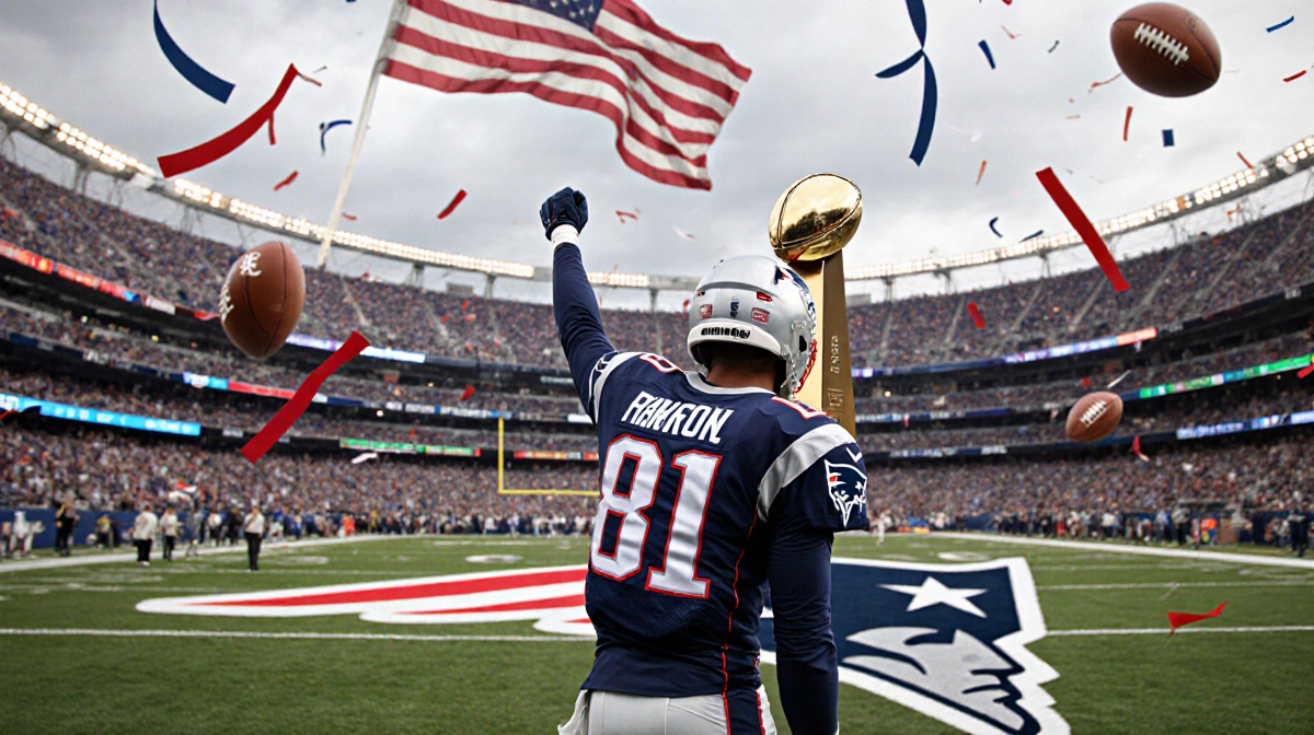 Patriots player holding championship trophy and raising fist with American flag waving above stadium under cloudy sky