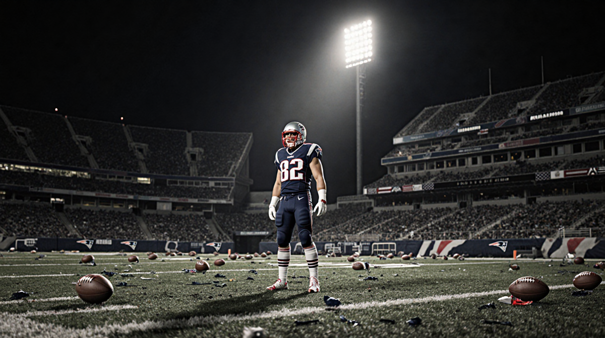 Patriots player standing at midfield with flickering stadium light illuminating the worn football field and scattered footbal