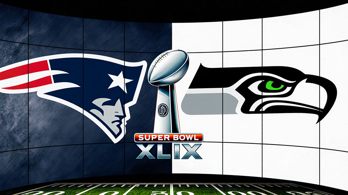 Patriots logo rotates toward Seahawks logo with Super Bowl XLIX banner between them over arena floor