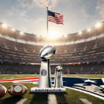 Overhead view of football stadium entrance with Patriots logo shining and trophies gleaming