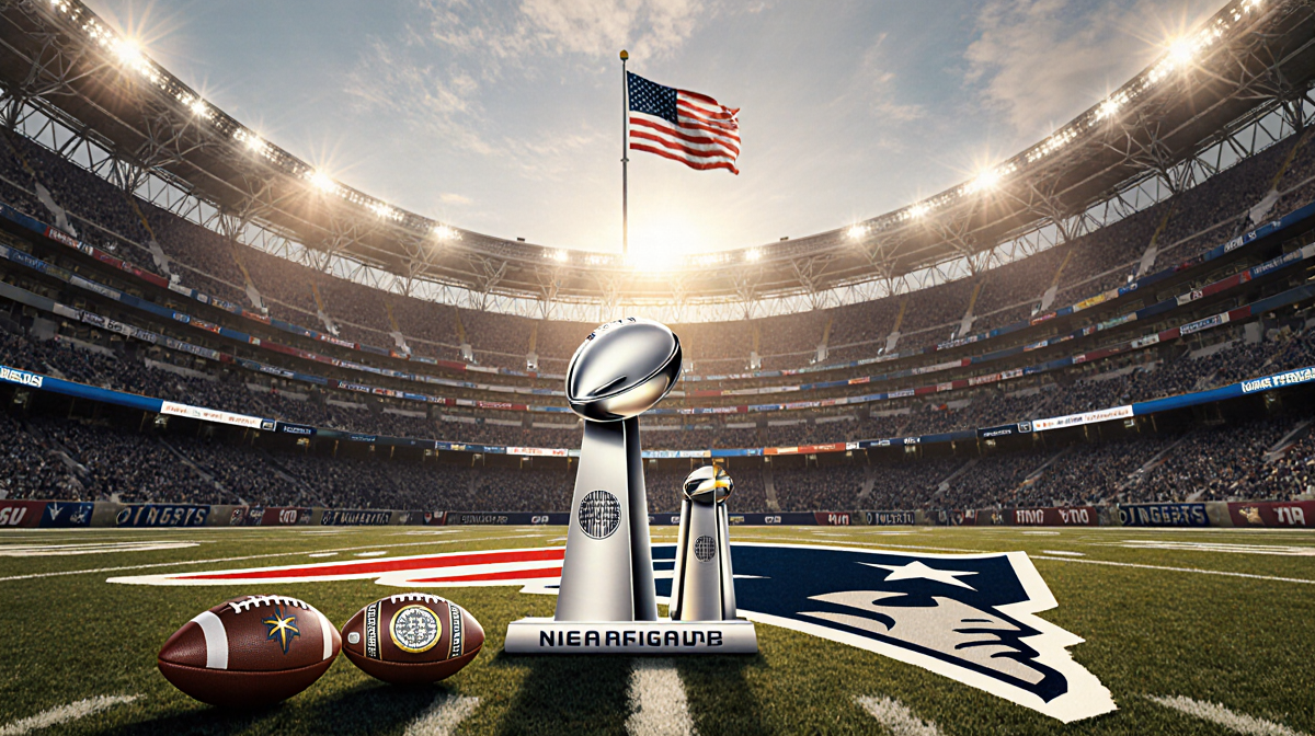 Overhead view of football stadium entrance with Patriots logo shining and trophies gleaming