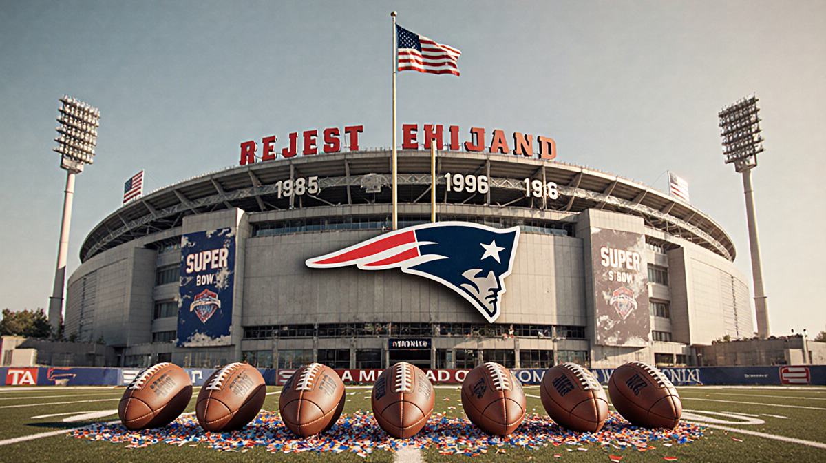 Patriots stadium exterior shines with warm light 12 footballs and confetti scattered at its base Super Bowl logo displayed