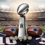 Patriots trophy glows golden light with rings while two players stare at camera stadium.