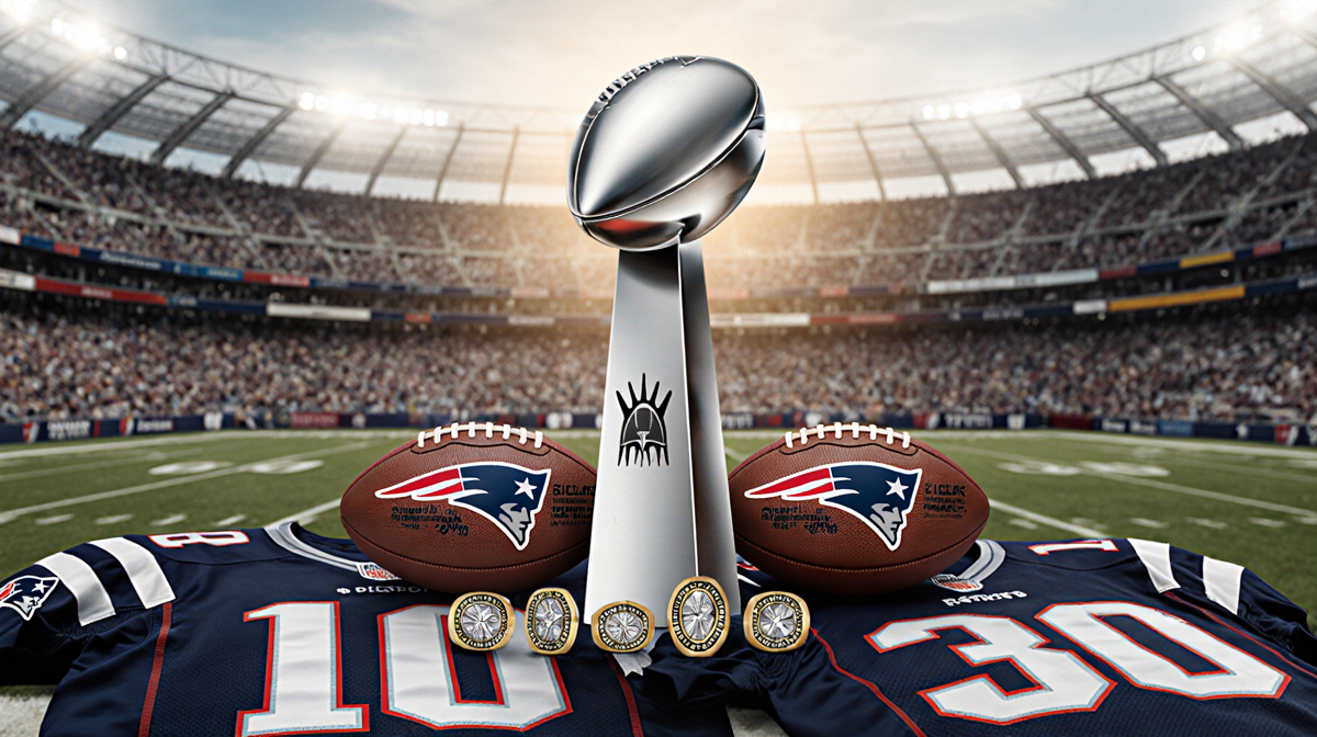 Patriots trophy glows golden light with rings while two players stare at camera stadium.