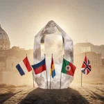 Seven national flags wrap around a glowing silica crystal with golden light bathing the peaceful Roman landscape and modern s