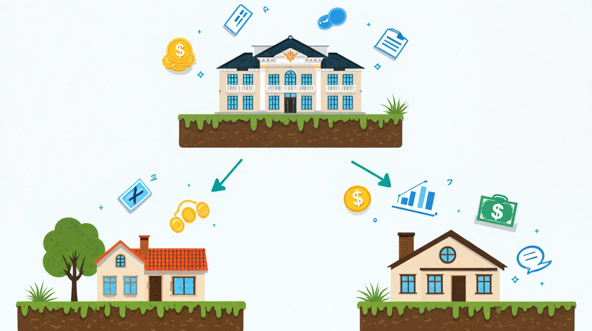 Two-tiered diagram showing luxury mansion above humble home with dollar signs and earthy community elements