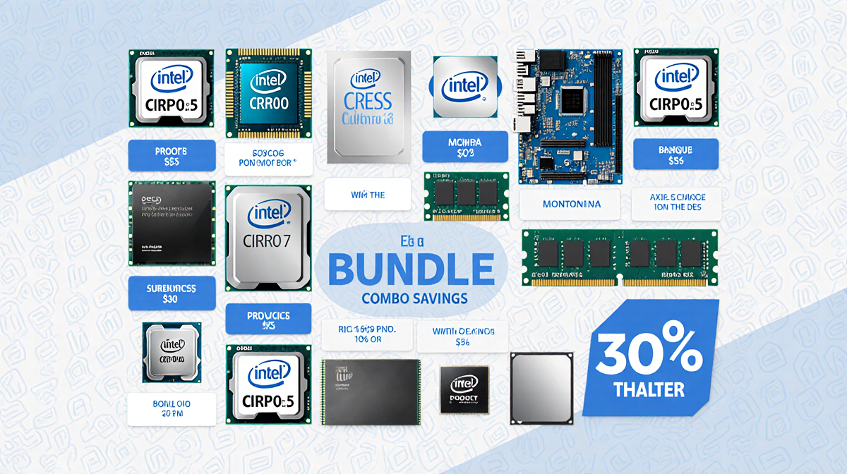 Illustration arranges PC components with price tags and discount labels highlighting combo savings.