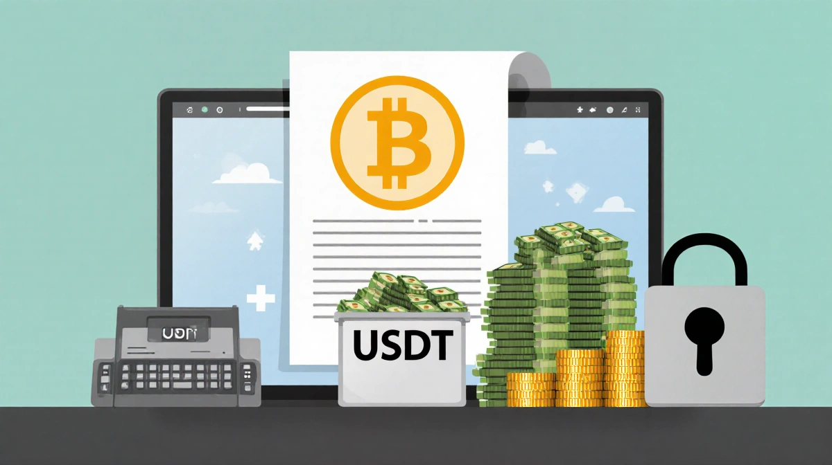 Oil earnings flowing into USDT container with stablecoin symbol on screen and traditional banking equipment nearby