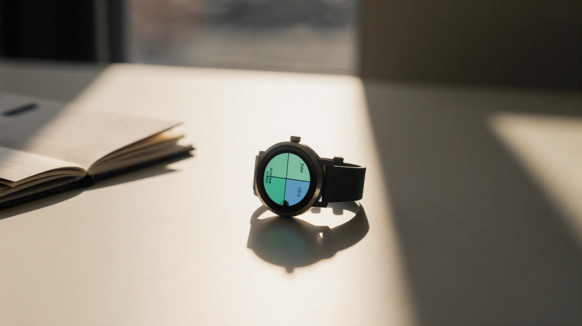 Pebble Round 2 smartwatch glowing on minimalist desk with soft light and a faint shadow highlighting its curved design.