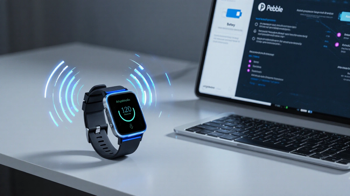 Futuristic smartwatch with microphone array connected to AI assistant on tablet with glowing blue battery gauge Pebble logo