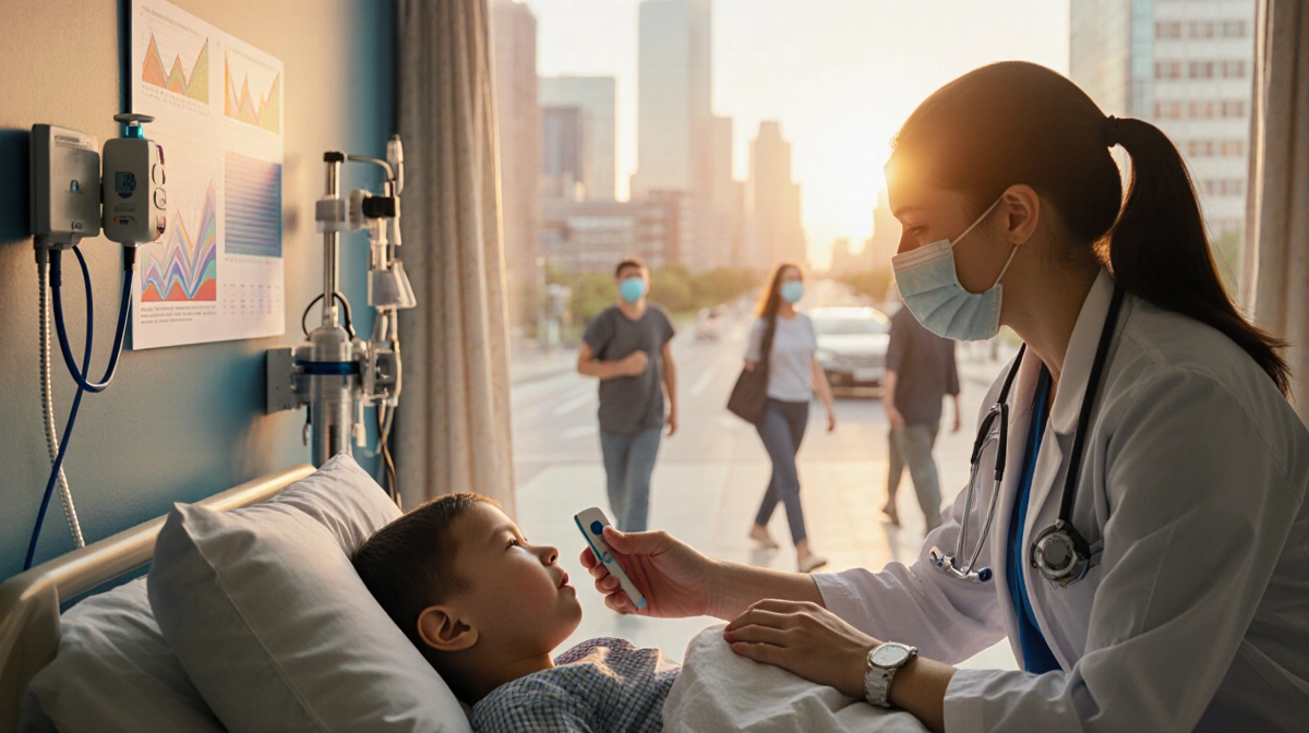 Pediatrician examining patient on bed with flu treatment and thermometer in a blurred North Texas cityscape of masked people
