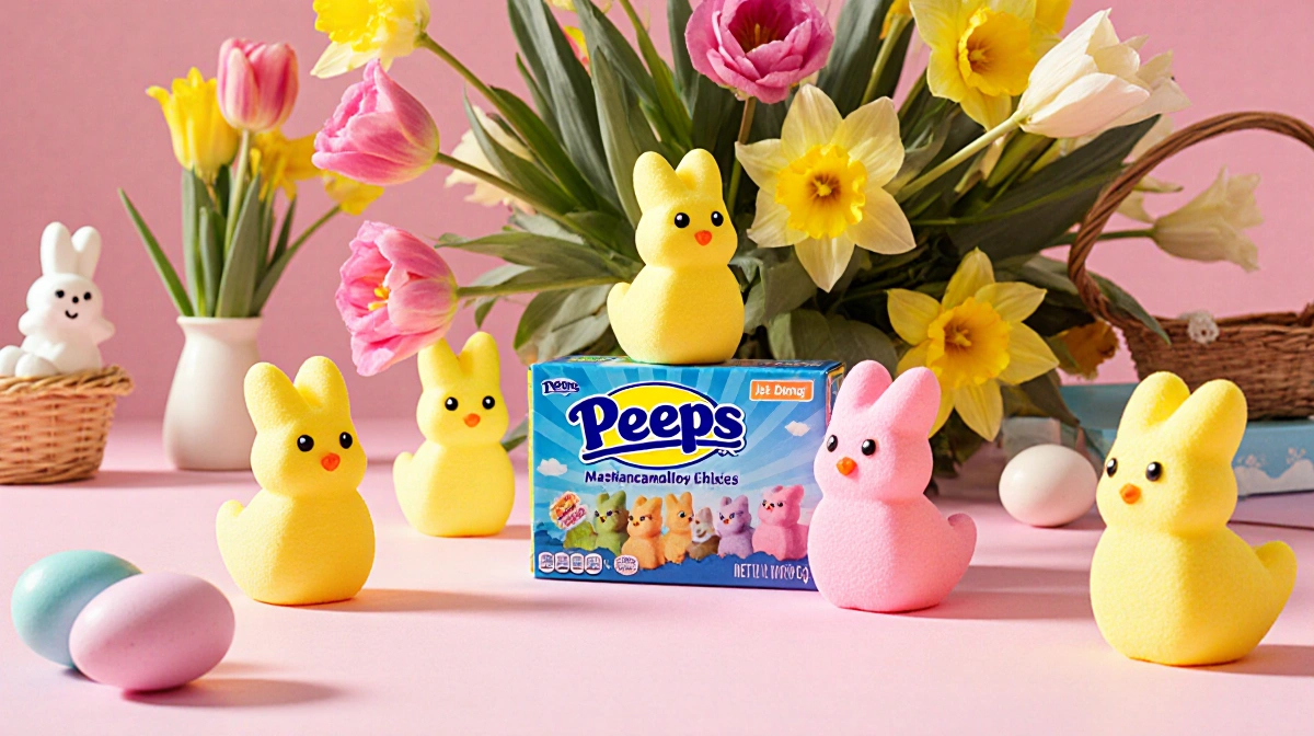 Colorful marshmallow Peeps chicks scatter across pink desk with fresh tulips and Easter eggs adding spring cheer