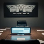 Pentagon meeting room with wooden table showing glowing chatbot interface and official documents