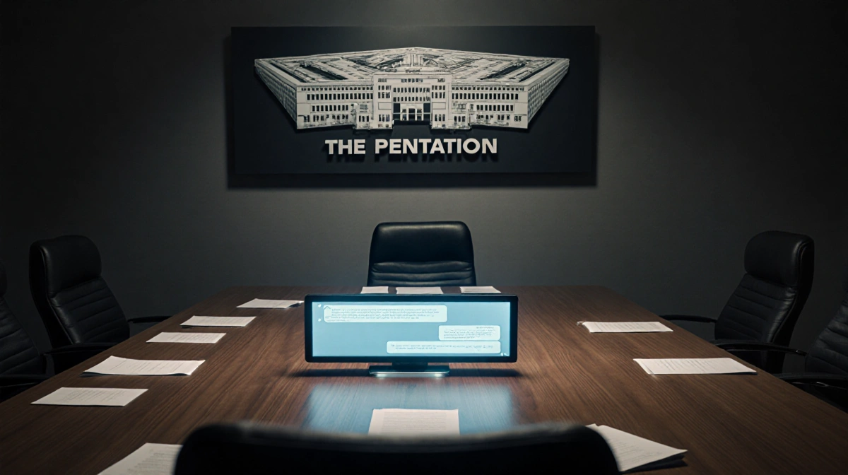Pentagon meeting room with wooden table showing glowing chatbot interface and official documents