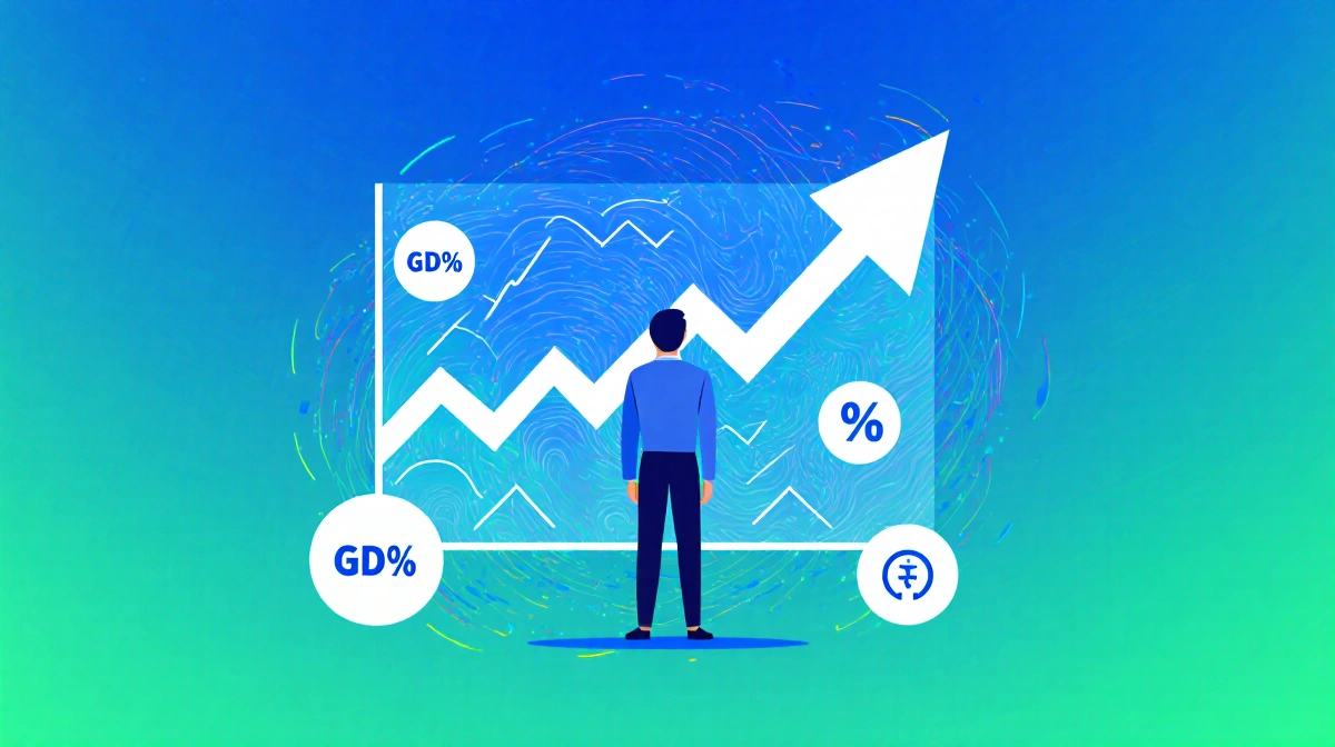 Person standing before a swirling financial graph measuring economic indicators with AI-driven insight