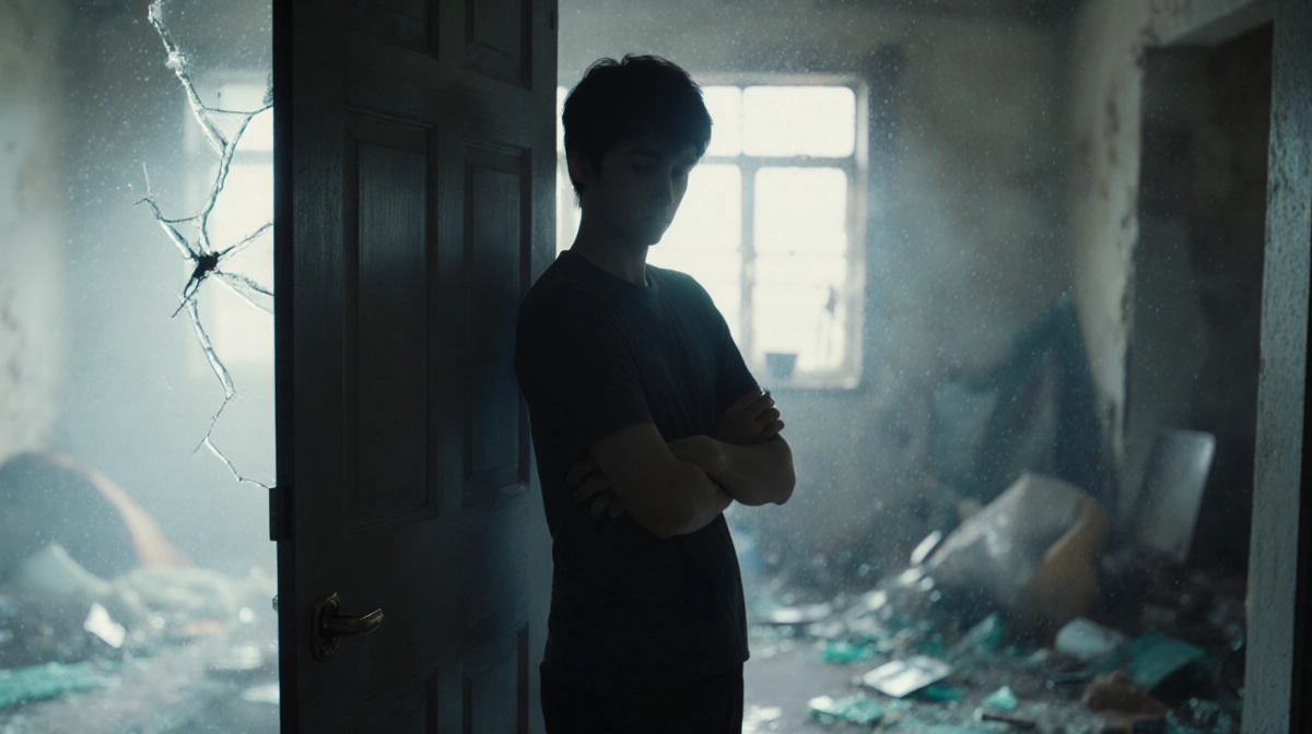 Person standing with crossed arms in front of a cracked closed door with shattered glass and scattered items in dim backgroun