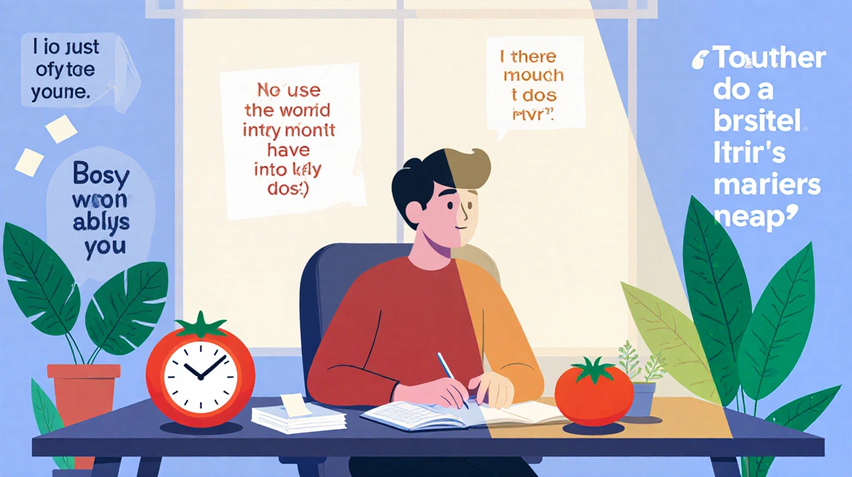 Person sitting at desk managing time with tomato‑shaped timer and lush green plants, focused expression.