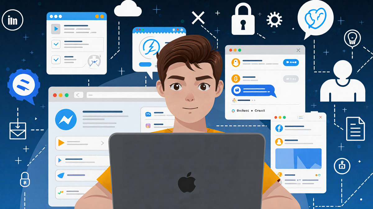 Person sits at laptop showing social media apps with determined look and blurred security icons behind